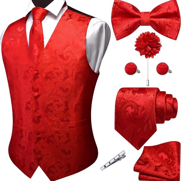 Men’s Red Paisley Jacquard Vest with Adjustable Back - Perfect for All Occasions - Picture 1 of 5